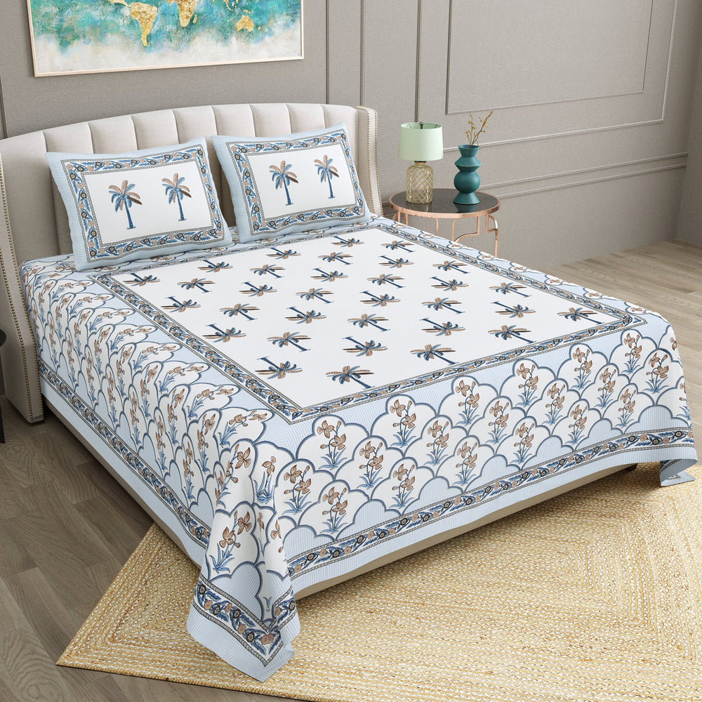 Bella Casa Fashion & Retail Ltd BEDSHEET 90 X 108 Inch / Blue / Cotton Double King Size Bedsheet Set Cotton with 2 Pillow Covers Floral Design Blue Colour - Ethnic Collection