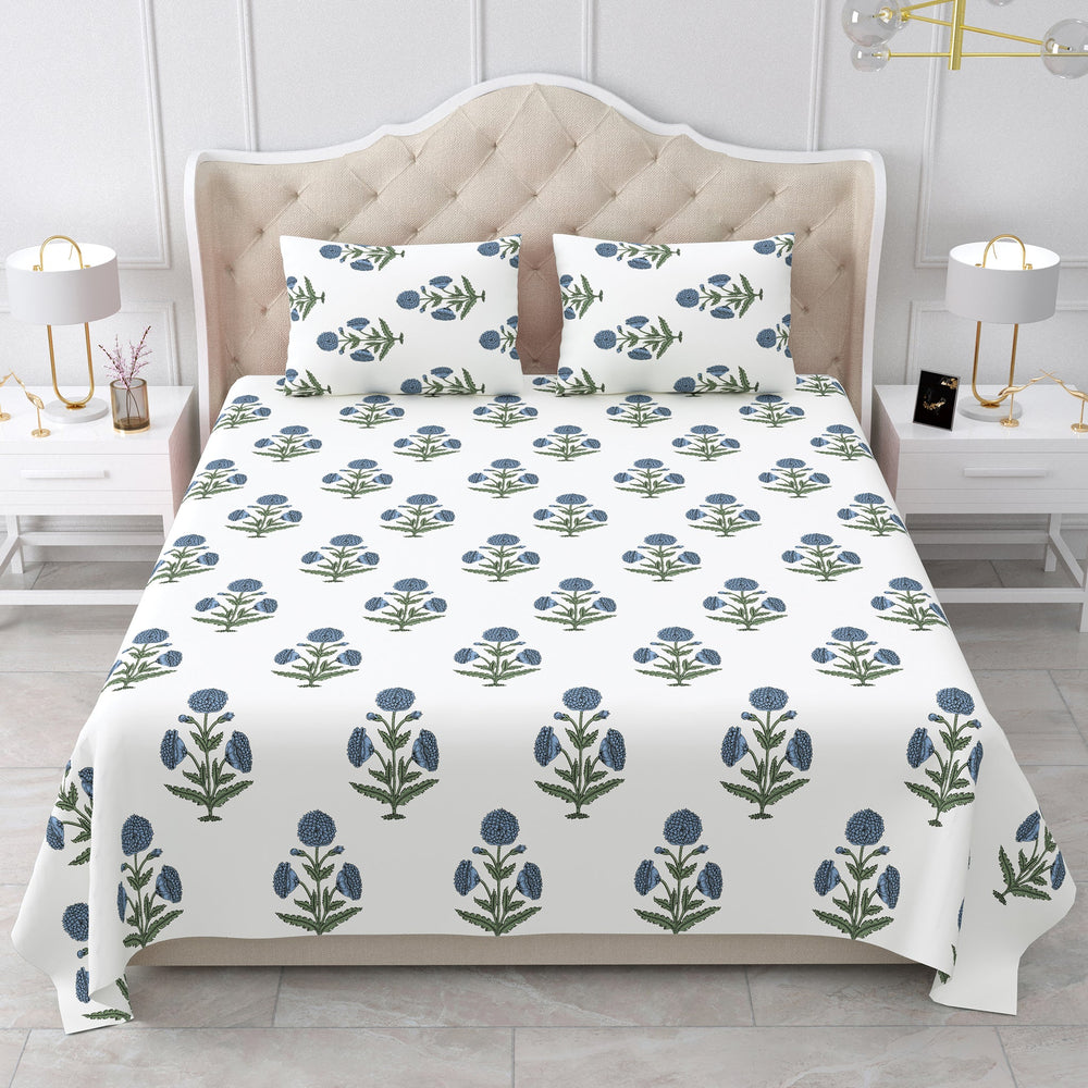 Bella Casa Fashion & Retail Ltd BEDSHEET 90 X 108 Inch / Blue & Off White / Cotton Double King Size Bedsheet Set Cotton with 2 Pillow Covers Motifs Design Blue & Off White Colour - Heritage Collection