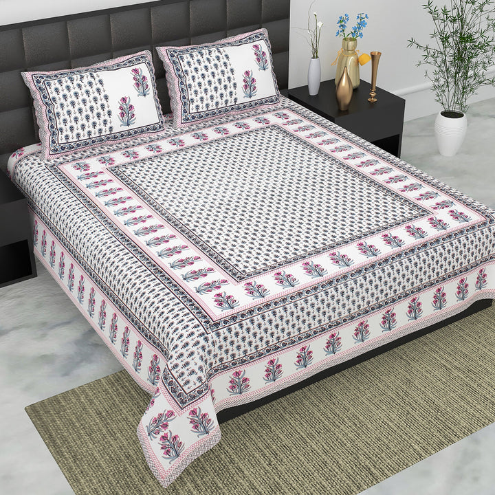 Bella Casa Fashion & Retail Ltd BEDSHEET 90 X 108 Inch / Blue & Teal / Cotton Bella Casa Double King Size Bedsheet Set Cotton with 2 Pillow Covers Floral Design Teal & Blue Colour - Ethnic Collection
