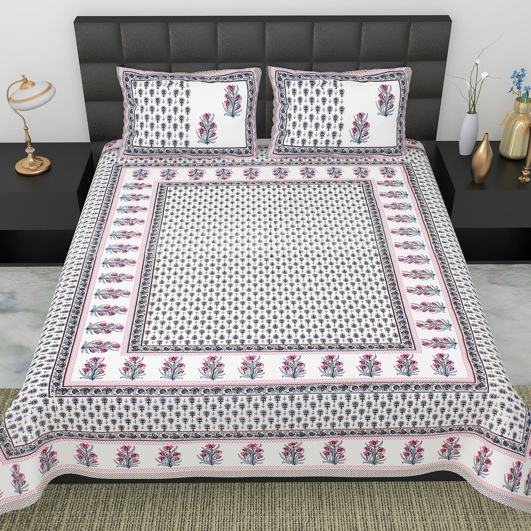 Bella Casa Fashion & Retail Ltd BEDSHEET 90 X 108 Inch / Blue & Teal / Cotton Bella Casa Double King Size Bedsheet Set Cotton with 2 Pillow Covers Floral Design Teal & Blue Colour - Ethnic Collection