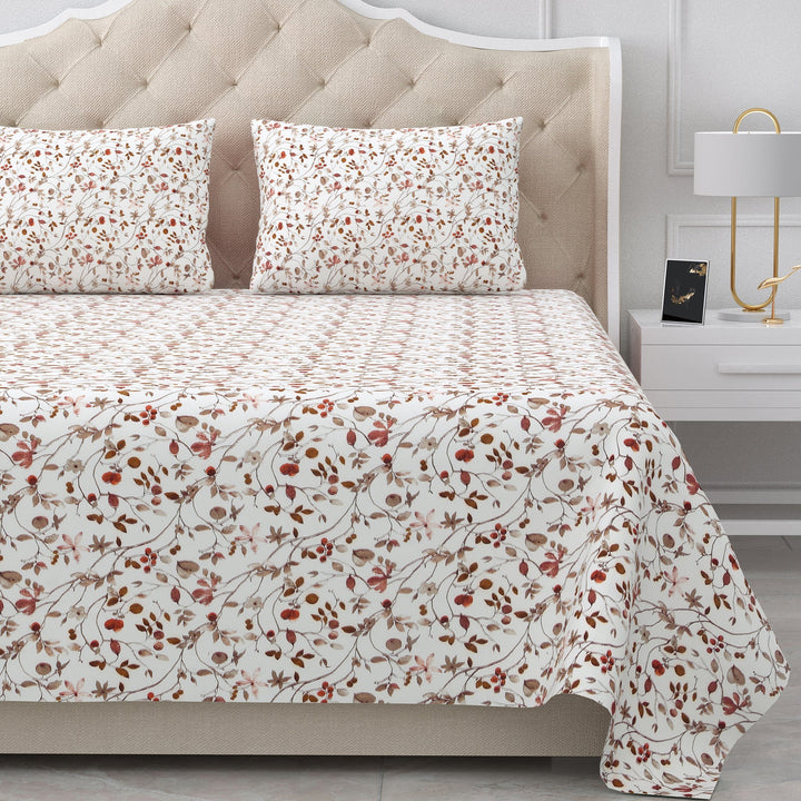Bella Casa Fashion & Retail Ltd  BEDSHEET 90 X 108 Inch / Brown / Cotton Double Bedsheet Cotton King Size with 2 Pillow Covers Floral Design Brown Colour - Stella Collection