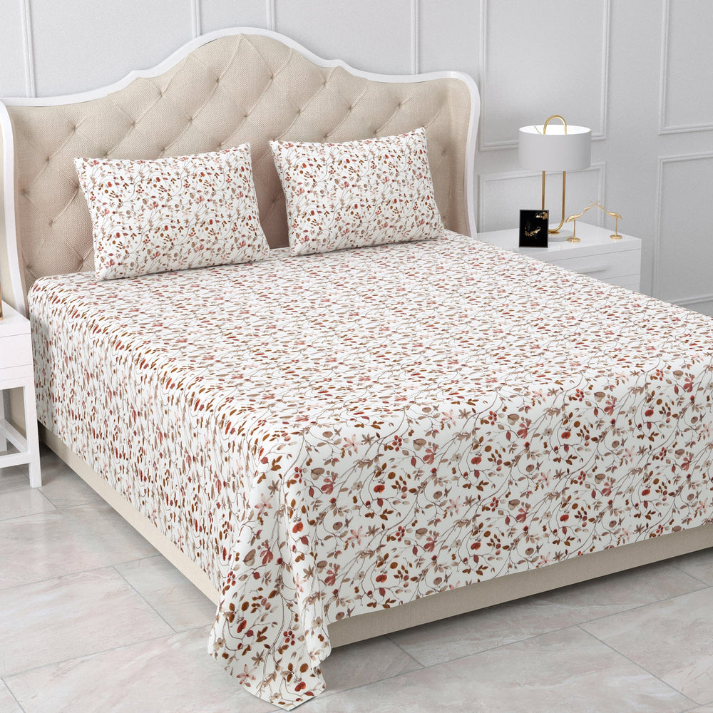 Bella Casa Fashion & Retail Ltd  BEDSHEET 90 X 108 Inch / Brown / Cotton Double Bedsheet Cotton King Size with 2 Pillow Covers Floral Design Brown Colour - Stella Collection