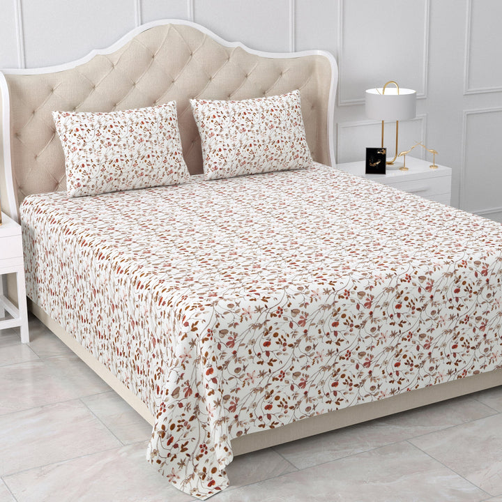 Bella Casa Fashion & Retail Ltd  BEDSHEET 90 X 108 Inch / Brown / Cotton Double Bedsheet Cotton King Size with 2 Pillow Covers Floral Design Brown Colour - Stella Collection