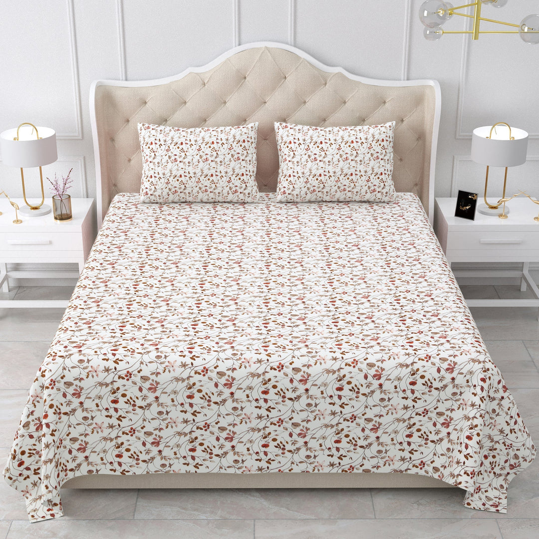 Bella Casa Fashion & Retail Ltd  BEDSHEET 90 X 108 Inch / Brown / Cotton Double Bedsheet Cotton King Size with 2 Pillow Covers Floral Design Brown Colour - Stella Collection