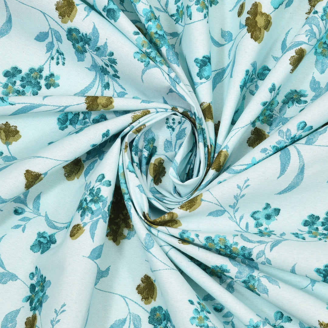Double Bedsheet Cotton King Size with 2 Pillow Covers Floral Design Cyan Colour - Stella Collection