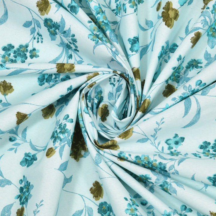 Double Bedsheet Cotton King Size with 2 Pillow Covers Floral Design Cyan Colour - Stella Collection
