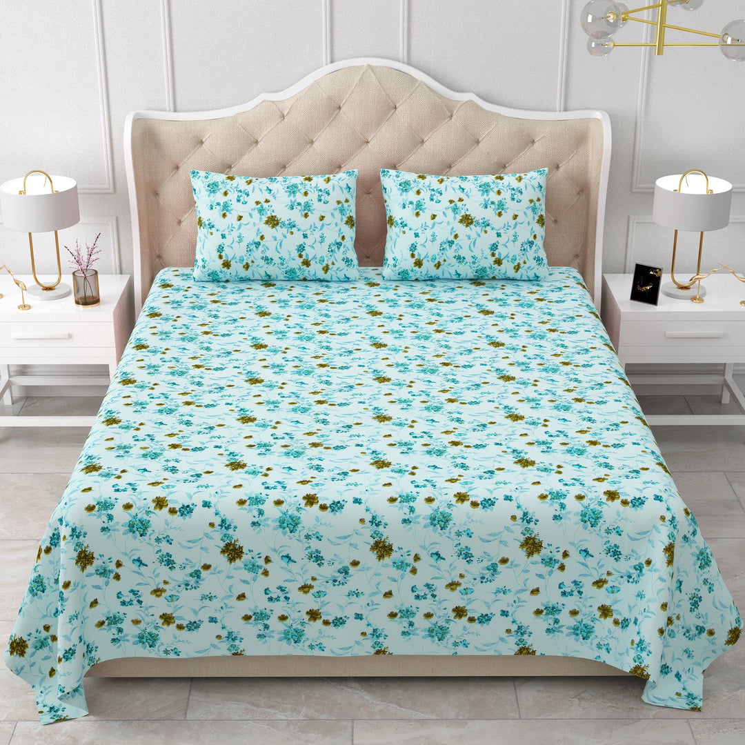 Bella Casa Fashion & Retail Ltd  BEDSHEET 90 X 108 Inch / Cyan / Cotton Double Bedsheet Cotton King Size with 2 Pillow Covers Floral Design Cyan Colour - Stella Collection