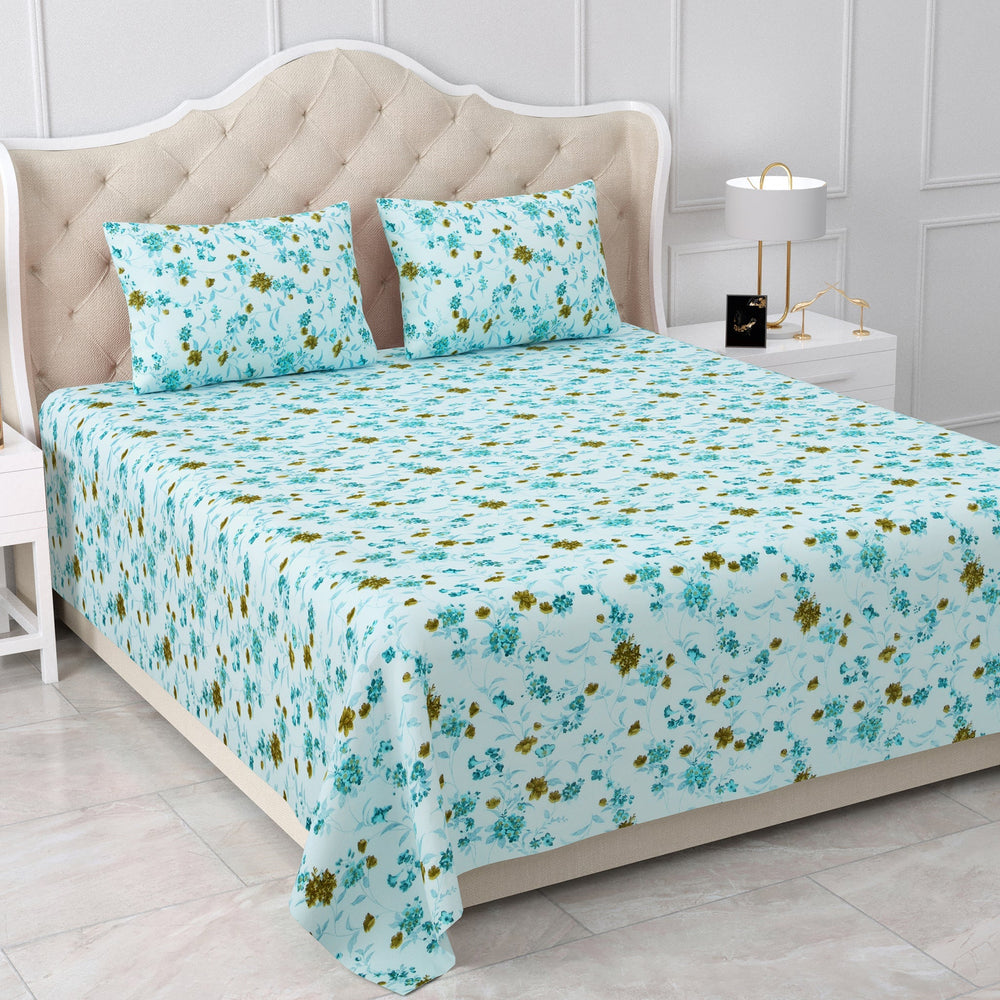 Bella Casa Fashion & Retail Ltd  BEDSHEET 90 X 108 Inch / Cyan / Cotton Double Bedsheet Cotton King Size with 2 Pillow Covers Floral Design Cyan Colour - Stella Collection