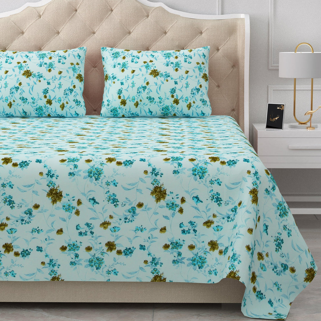 Bella Casa Fashion & Retail Ltd  BEDSHEET 90 X 108 Inch / Cyan / Cotton Double Bedsheet Cotton King Size with 2 Pillow Covers Floral Design Cyan Colour - Stella Collection