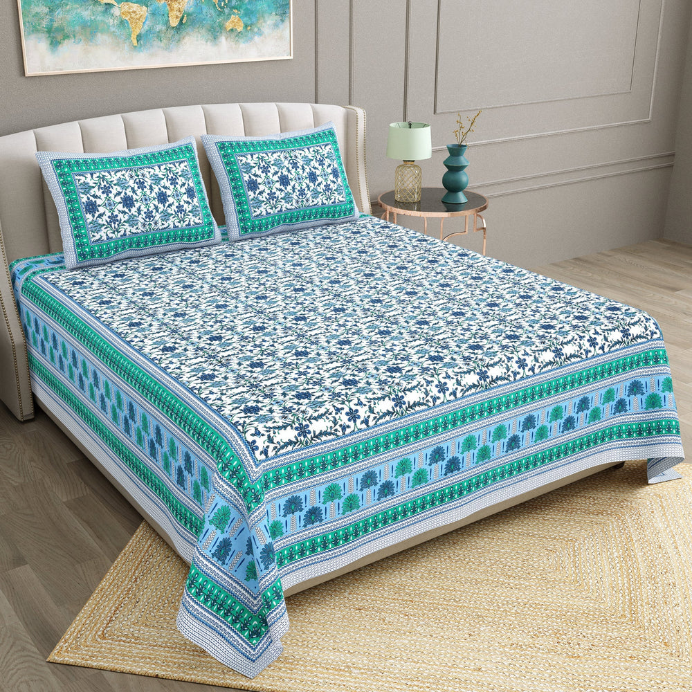 Bella Casa Fashion & Retail Ltd BEDSHEET 90 X 108 Inch / Green & Blue / Cotton Bella Casa Double King Size Bedsheet Set Cotton with 2 Pillow Covers Floral Design Green & Blue Colour - Ethnic Collection