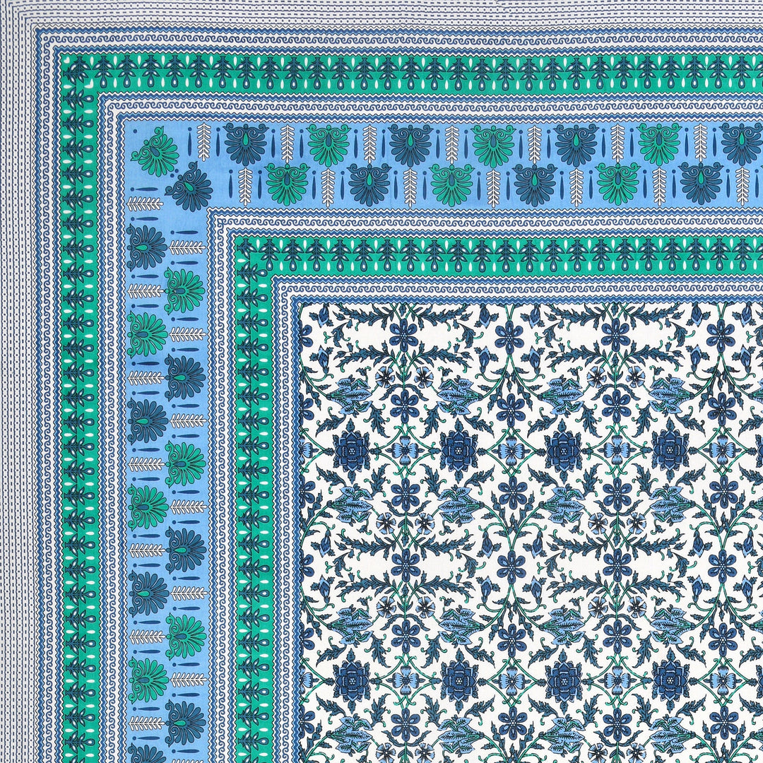 Bella Casa Fashion & Retail Ltd BEDSHEET 90 X 108 Inch / Green & Blue / Cotton Bella Casa Double King Size Bedsheet Set Cotton with 2 Pillow Covers Floral Design Green & Blue Colour - Ethnic Collection