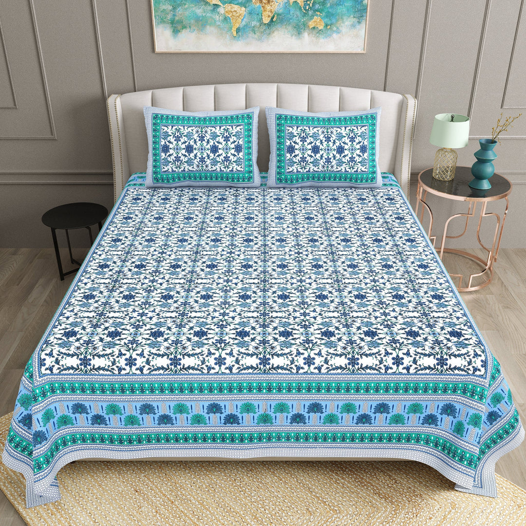 Bella Casa Fashion & Retail Ltd BEDSHEET 90 X 108 Inch / Green & Blue / Cotton Bella Casa Double King Size Bedsheet Set Cotton with 2 Pillow Covers Floral Design Green & Blue Colour - Ethnic Collection