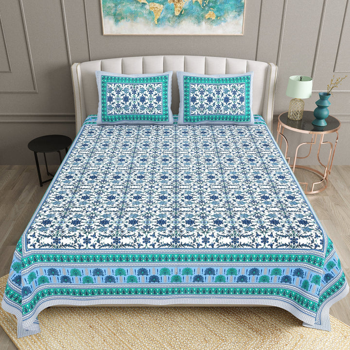 Bella Casa Fashion & Retail Ltd BEDSHEET 90 X 108 Inch / Green & Blue / Cotton Bella Casa Double King Size Bedsheet Set Cotton with 2 Pillow Covers Floral Design Green & Blue Colour - Ethnic Collection