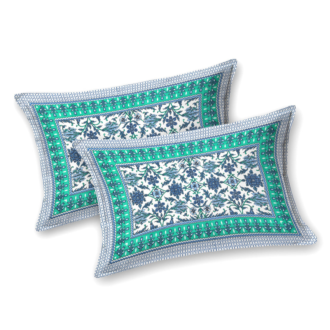 Bella Casa Fashion & Retail Ltd BEDSHEET 90 X 108 Inch / Green & Blue / Cotton Bella Casa Double King Size Bedsheet Set Cotton with 2 Pillow Covers Floral Design Green & Blue Colour - Ethnic Collection