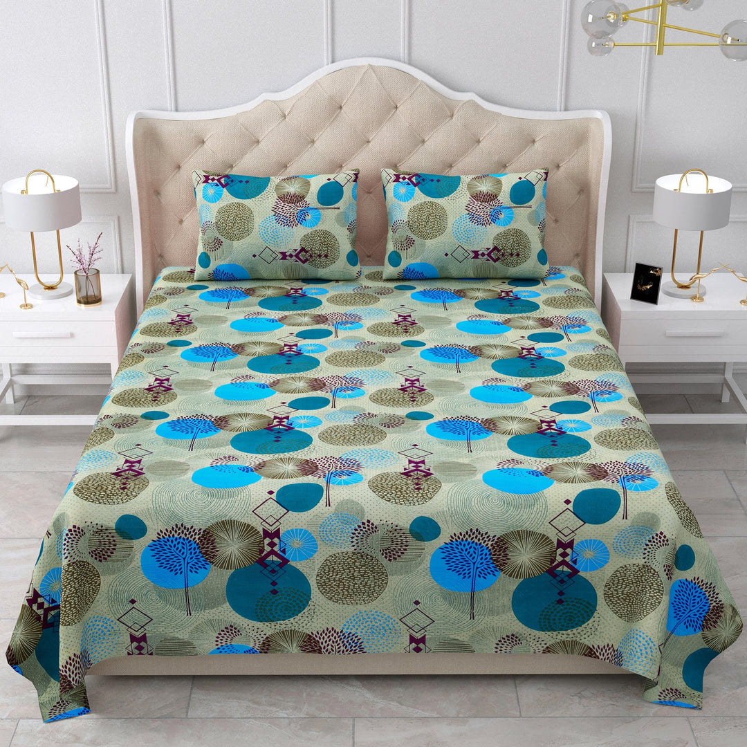 Bella Casa Fashion & Retail Ltd BEDSHEET 90 X 108 Inch / Green / Cotton Double Bedsheet Cotton King Size with 2 Pillow Covers Abstract Design Green & Blue Colour- Stella Collection