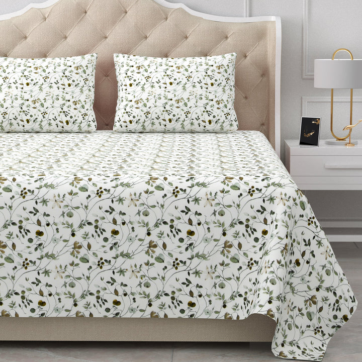 Bella Casa Fashion & Retail Ltd  BEDSHEET 90 X 108 Inch / Green / Cotton Double Bedsheet Cotton King Size with 2 Pillow Covers Floral Design Green Colour - Stella Collection