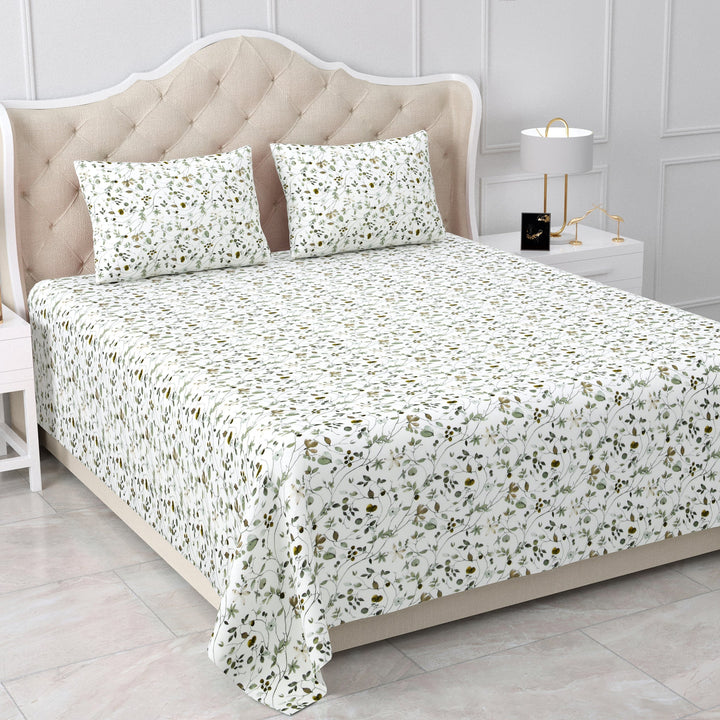 Bella Casa Fashion & Retail Ltd  BEDSHEET 90 X 108 Inch / Green / Cotton Double Bedsheet Cotton King Size with 2 Pillow Covers Floral Design Green Colour - Stella Collection