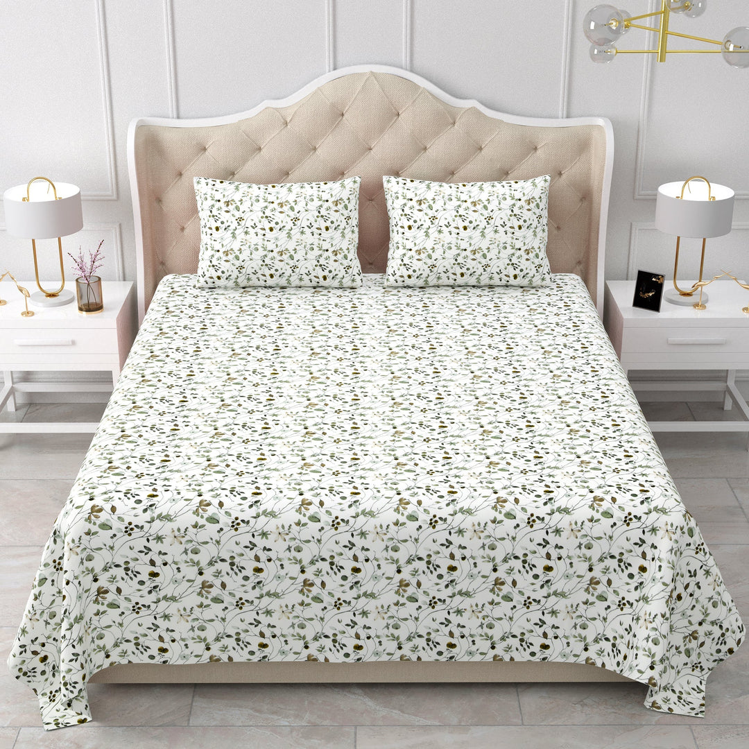 Bella Casa Fashion & Retail Ltd  BEDSHEET 90 X 108 Inch / Green / Cotton Double Bedsheet Cotton King Size with 2 Pillow Covers Floral Design Green Colour - Stella Collection
