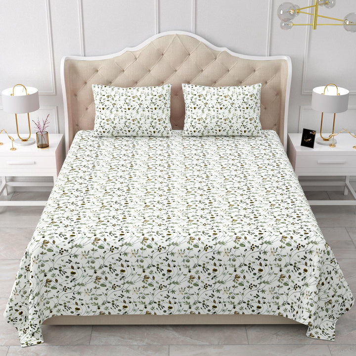Bella Casa Fashion & Retail Ltd  BEDSHEET 90 X 108 Inch / Green / Cotton Double Bedsheet Cotton King Size with 2 Pillow Covers Floral Design Green Colour - Stella Collection