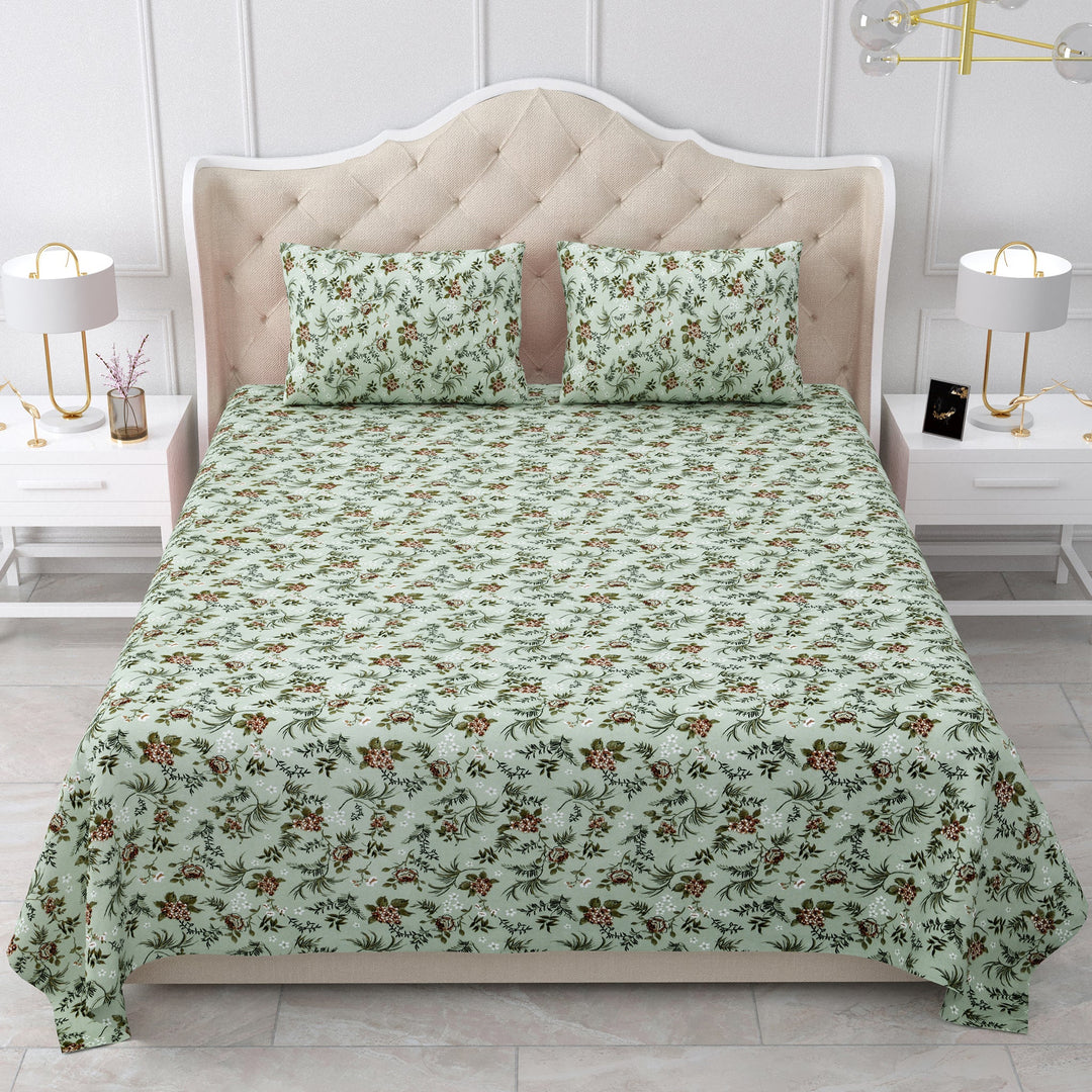 Bella Casa Fashion & Retail Ltd  BEDSHEET 90 X 108 Inch / Green / Cotton Double Bedsheet Cotton King Size with 2 Pillow Covers Floral Design Green Colour - Stella Collection