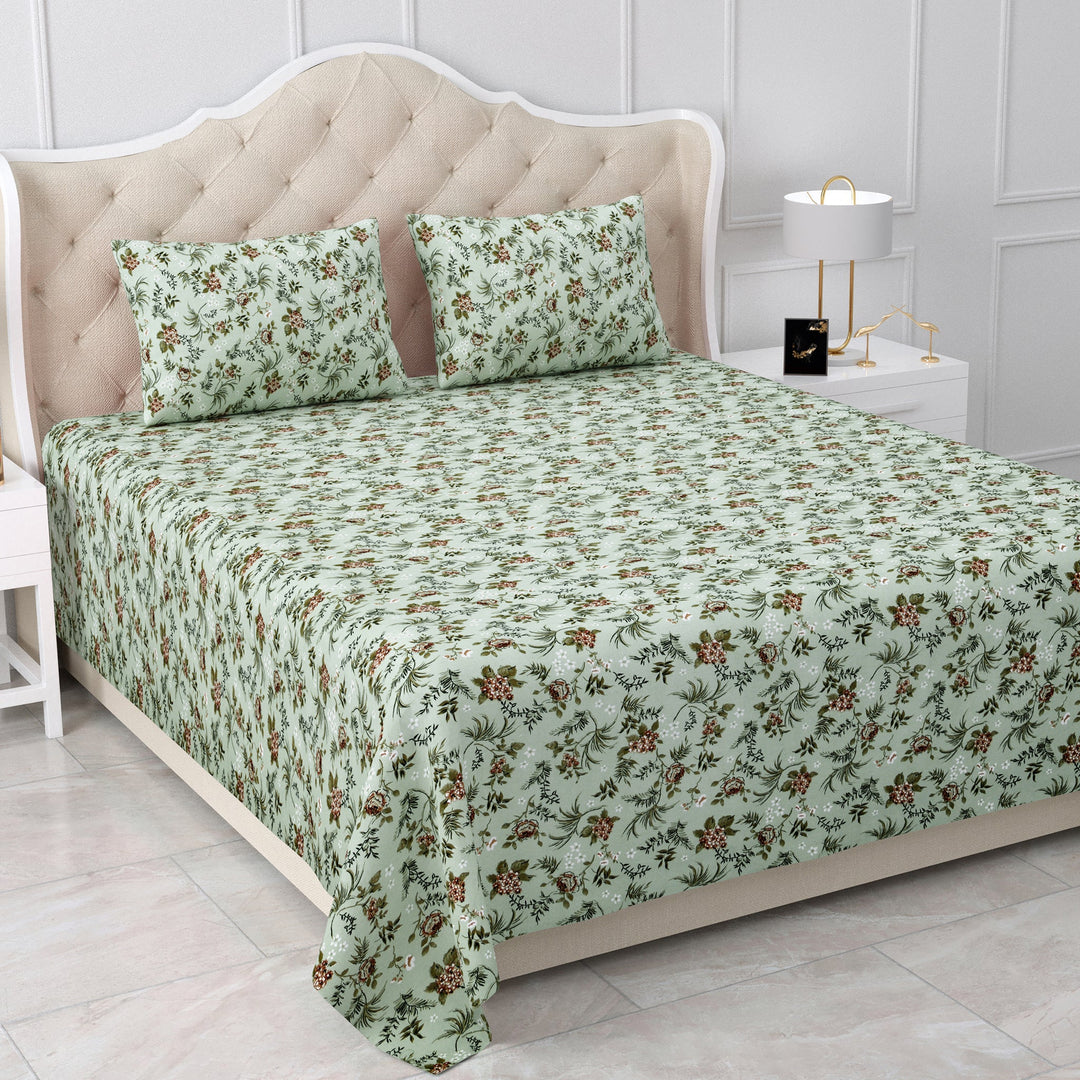 Bella Casa Fashion & Retail Ltd  BEDSHEET 90 X 108 Inch / Green / Cotton Double Bedsheet Cotton King Size with 2 Pillow Covers Floral Design Green Colour - Stella Collection