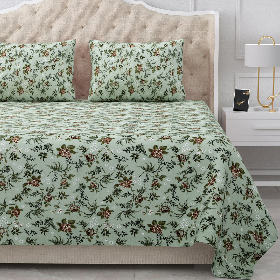 Bella Casa Fashion & Retail Ltd  BEDSHEET 90 X 108 Inch / Green / Cotton Double Bedsheet Cotton King Size with 2 Pillow Covers Floral Design Green Colour - Stella Collection