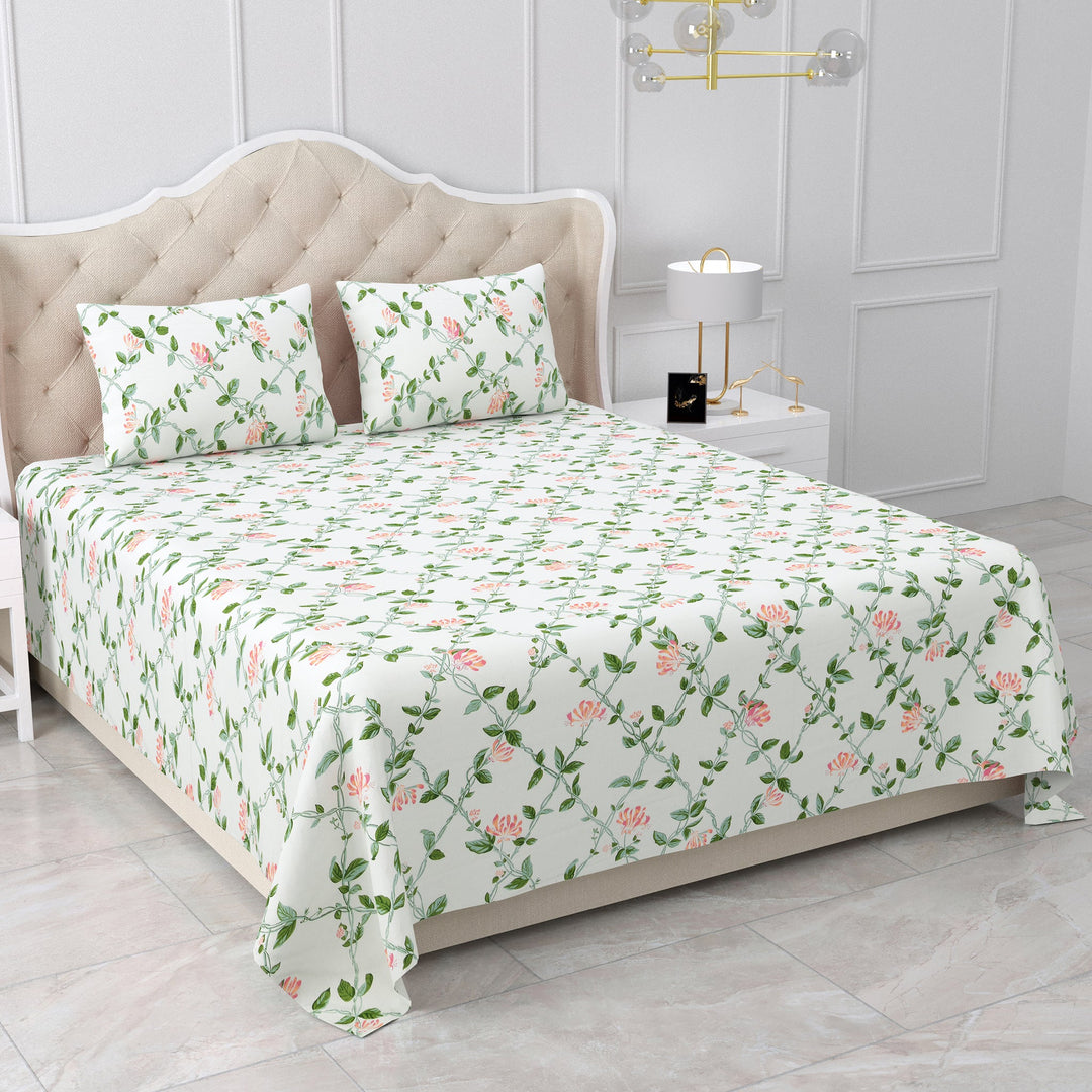 Bella Casa Fashion & Retail Ltd BEDSHEET 90 X 108 Inch / Green & Off White / Cotton Double King Size Bedsheet Set Cotton with 2 Pillow Covers Motifs Design Green & Off White Colour - Heritage Collection