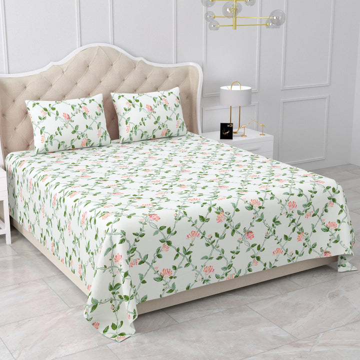 Bella Casa Fashion & Retail Ltd BEDSHEET 90 X 108 Inch / Green & Off White / Cotton Double King Size Bedsheet Set Cotton with 2 Pillow Covers Motifs Design Green & Off White Colour - Heritage Collection