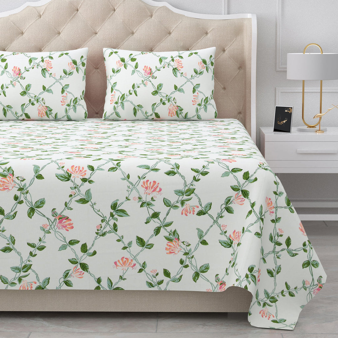 Bella Casa Fashion & Retail Ltd BEDSHEET 90 X 108 Inch / Green & Off White / Cotton Double King Size Bedsheet Set Cotton with 2 Pillow Covers Motifs Design Green & Off White Colour - Heritage Collection