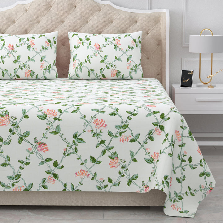 Bella Casa Fashion & Retail Ltd BEDSHEET 90 X 108 Inch / Green & Off White / Cotton Double King Size Bedsheet Set Cotton with 2 Pillow Covers Motifs Design Green & Off White Colour - Heritage Collection