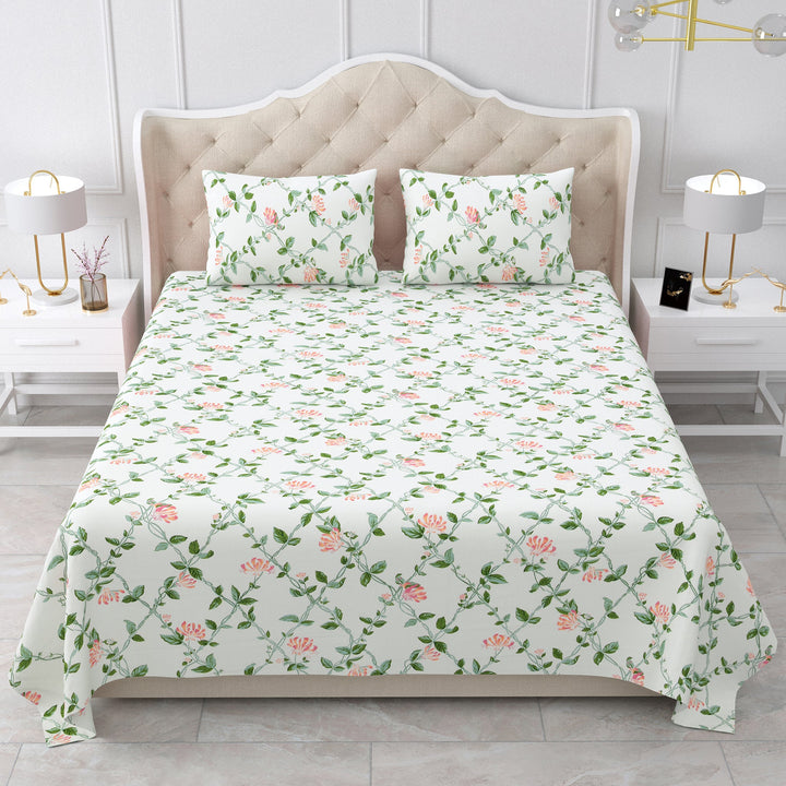 Bella Casa Fashion & Retail Ltd BEDSHEET 90 X 108 Inch / Green & Off White / Cotton Double King Size Bedsheet Set Cotton with 2 Pillow Covers Motifs Design Green & Off White Colour - Heritage Collection