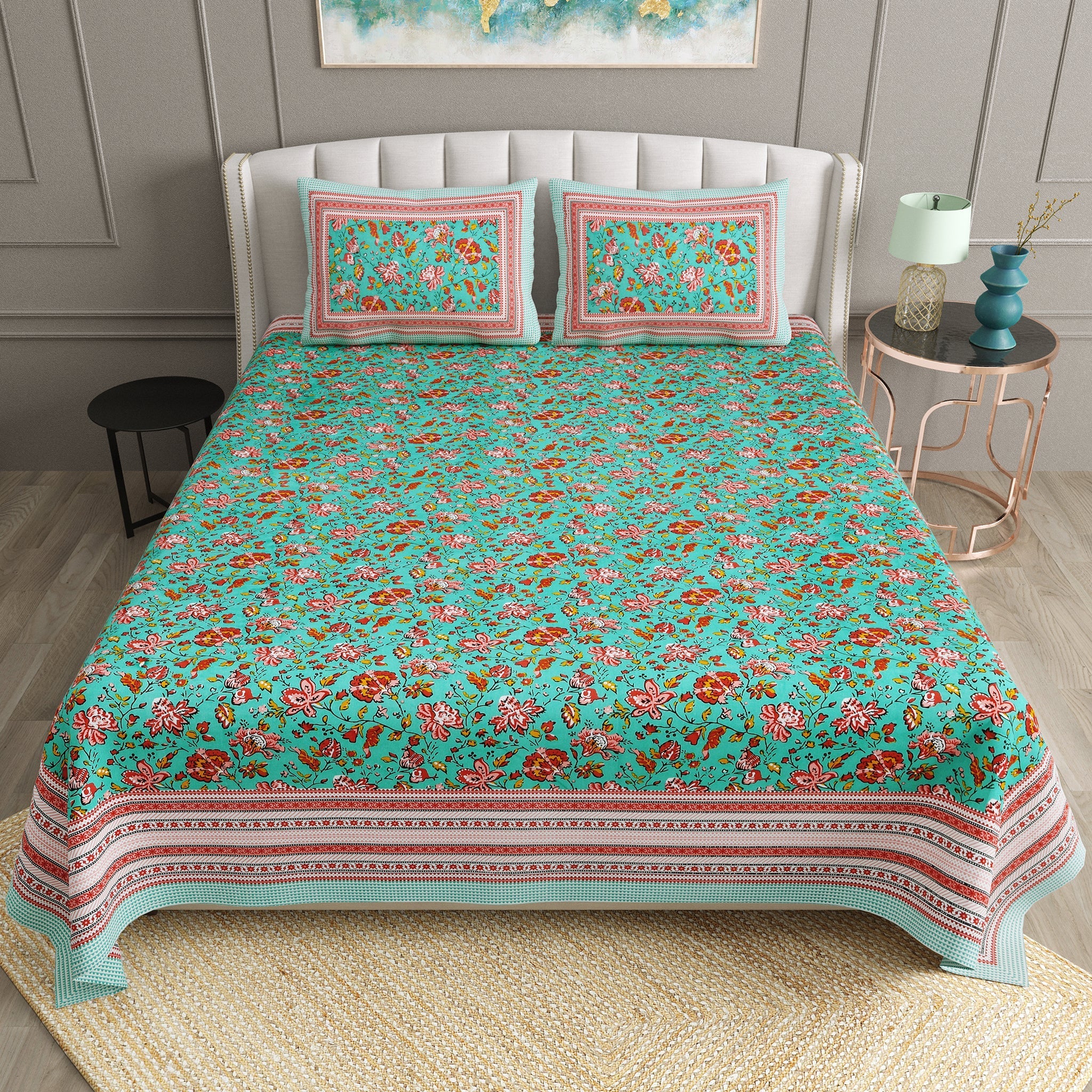 Double King Size Bedsheet Set Cotton with 2 Pillow Covers Floral Desig ...