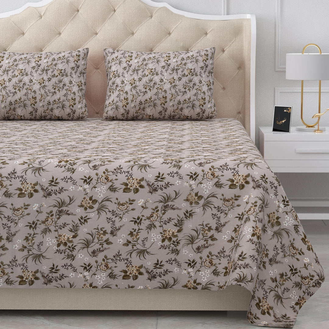 Bella Casa Fashion & Retail Ltd  BEDSHEET 90 X 108 Inch / Grey / Cotton Double Bedsheet Cotton King Size with 2 Pillow Covers Floral Design Grey Colour - Stella Collection