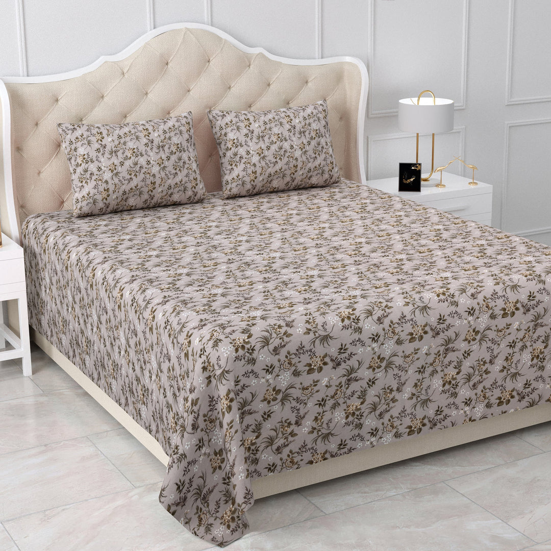 Bella Casa Fashion & Retail Ltd  BEDSHEET 90 X 108 Inch / Grey / Cotton Double Bedsheet Cotton King Size with 2 Pillow Covers Floral Design Grey Colour - Stella Collection