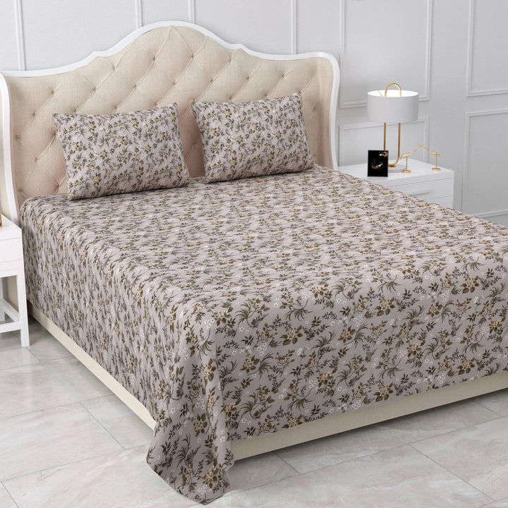 Bella Casa Fashion & Retail Ltd  BEDSHEET 90 X 108 Inch / Grey / Cotton Double Bedsheet Cotton King Size with 2 Pillow Covers Floral Design Grey Colour - Stella Collection