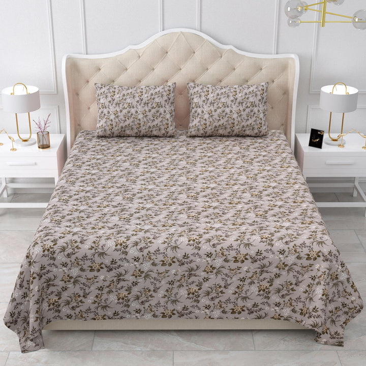 Bella Casa Fashion & Retail Ltd  BEDSHEET 90 X 108 Inch / Grey / Cotton Double Bedsheet Cotton King Size with 2 Pillow Covers Floral Design Grey Colour - Stella Collection