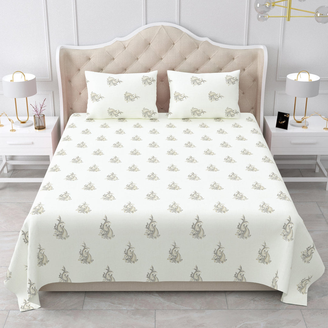 Bella Casa Fashion & Retail Ltd BEDSHEET 90 X 108 Inch / Grey & Off White / Cotton Double King Size Bedsheet Set Cotton with 2 Pillow Covers Motifs Design Grey & Off White Colour - Heritage Collection