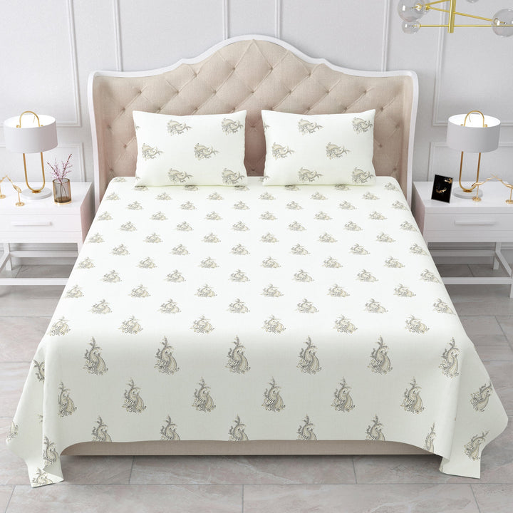 Bella Casa Fashion & Retail Ltd BEDSHEET 90 X 108 Inch / Grey & Off White / Cotton Double King Size Bedsheet Set Cotton with 2 Pillow Covers Motifs Design Grey & Off White Colour - Heritage Collection