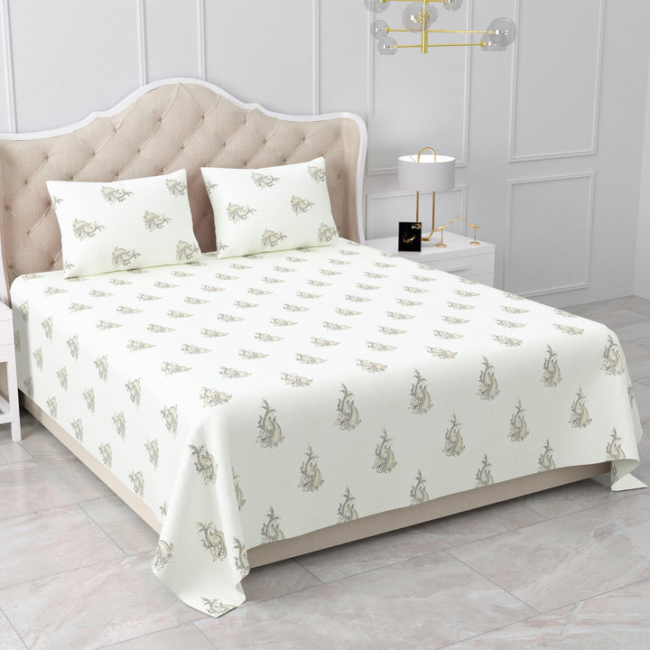 Bella Casa Fashion & Retail Ltd BEDSHEET 90 X 108 Inch / Grey & Off White / Cotton Double King Size Bedsheet Set Cotton with 2 Pillow Covers Motifs Design Grey & Off White Colour - Heritage Collection