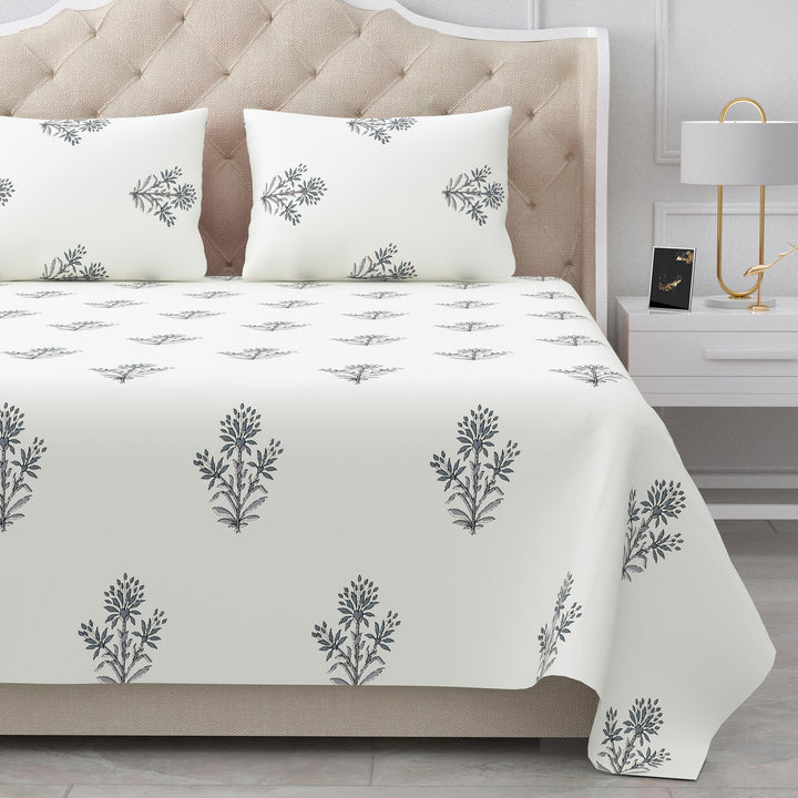 Bella Casa Fashion & Retail Ltd BEDSHEET 90 X 108 Inch / Grey & Off White / Cotton Double King Size Bedsheet Set Cotton with 2 Pillow Covers Motifs Design Grey & Off White Colour - Heritage Collection