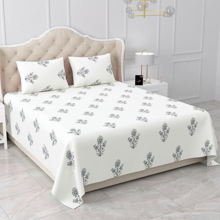 Bella Casa Fashion & Retail Ltd BEDSHEET 90 X 108 Inch / Grey & Off White / Cotton Double King Size Bedsheet Set Cotton with 2 Pillow Covers Motifs Design Grey & Off White Colour - Heritage Collection
