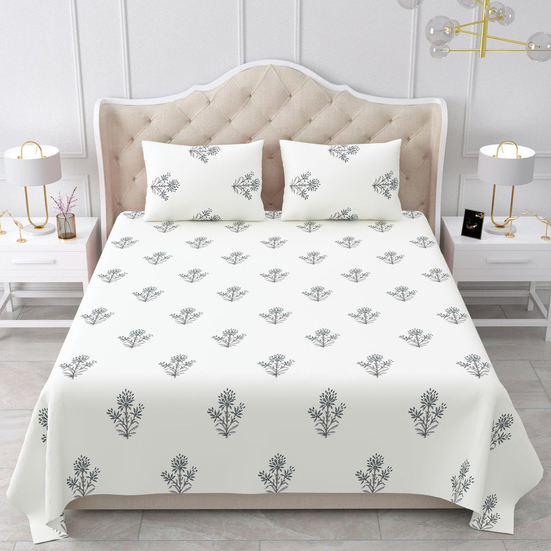 Bella Casa Fashion & Retail Ltd BEDSHEET 90 X 108 Inch / Grey & Off White / Cotton Double King Size Bedsheet Set Cotton with 2 Pillow Covers Motifs Design Grey & Off White Colour - Heritage Collection