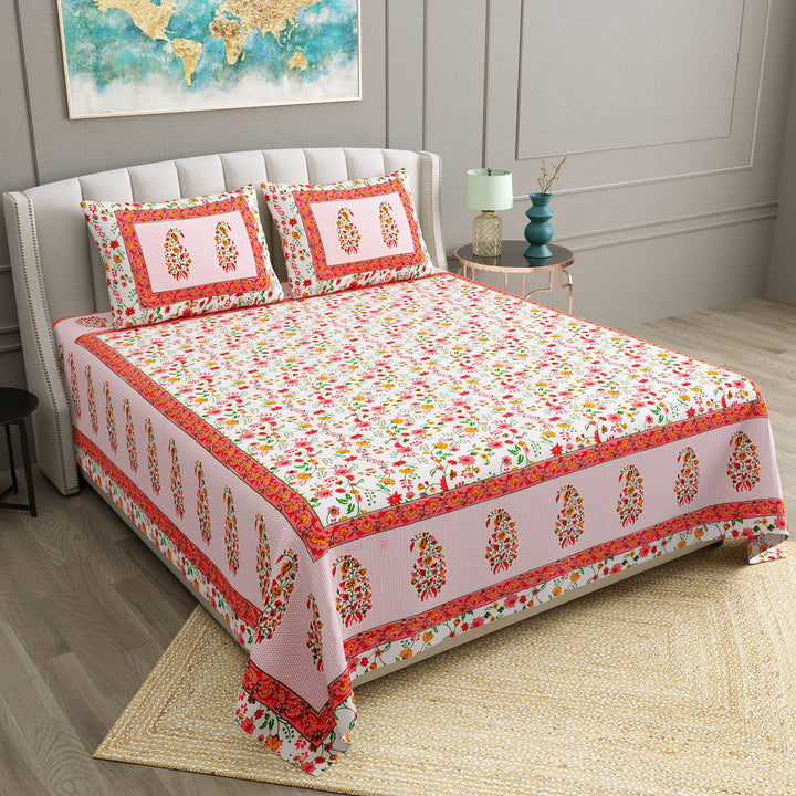 Bella Casa Fashion & Retail Ltd  BEDSHEET 90 X 108 Inch / Multi / Cotton Bella Casa Double Bedsheet Set Cotton King Size with 2 Pillow Covers  Floral Design Multi Colour - Ethnic Collection
