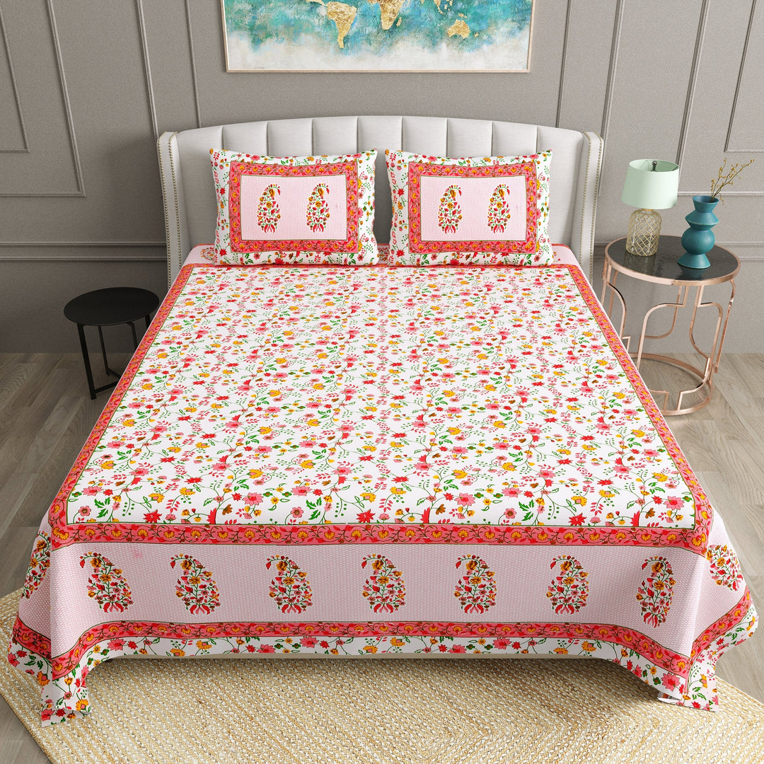 Bella Casa Fashion & Retail Ltd  BEDSHEET 90 X 108 Inch / Multi / Cotton Bella Casa Double Bedsheet Set Cotton King Size with 2 Pillow Covers  Floral Design Multi Colour - Ethnic Collection