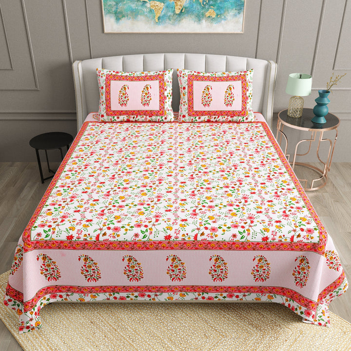 Bella Casa Fashion & Retail Ltd  BEDSHEET 90 X 108 Inch / Multi / Cotton Bella Casa Double Bedsheet Set Cotton King Size with 2 Pillow Covers  Floral Design Multi Colour - Ethnic Collection