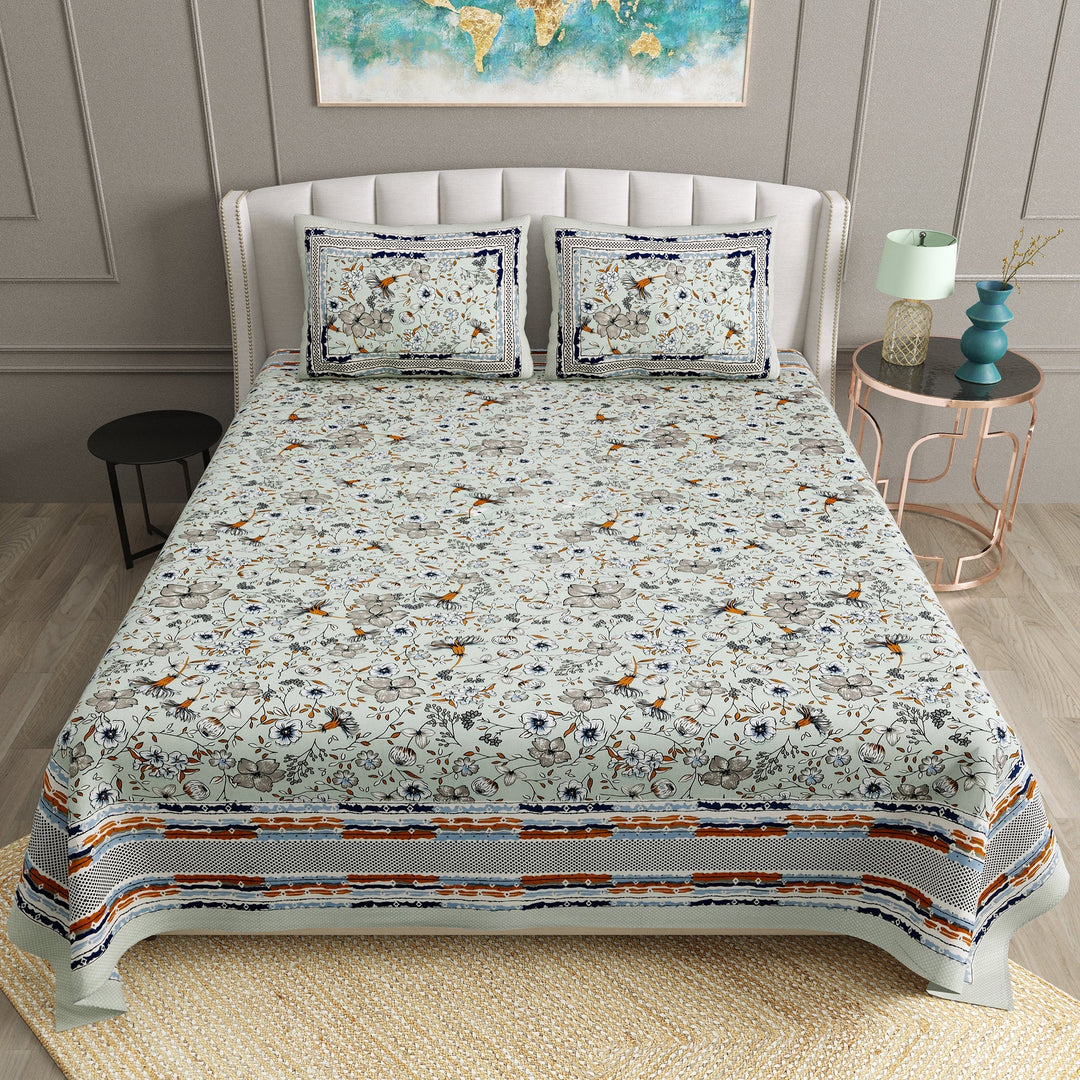 Bella Casa Fashion & Retail Ltd  BEDSHEET 90 X 108 Inch / Multi / Cotton Bella Casa Double King Size Bedsheet Set Cotton with 2 Pillow Covers Birds Design Multi Colour - Ethnic Collection