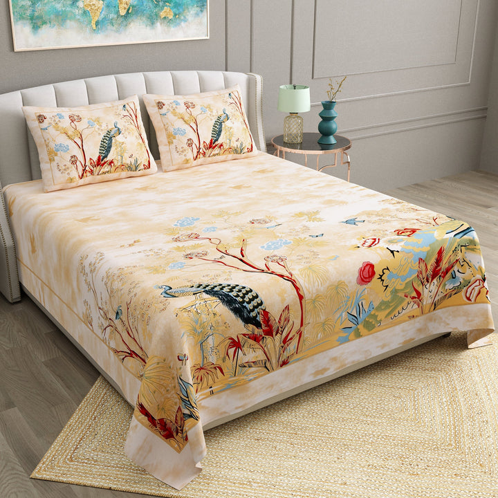 Bella Casa Fashion & Retail Ltd  BEDSHEET 90 X 108 Inch / Multi / Cotton Bella Casa Double King Size Bedsheet Set Cotton with 2 Pillow Covers Birds Design Multi Colour - Ethnic Collection