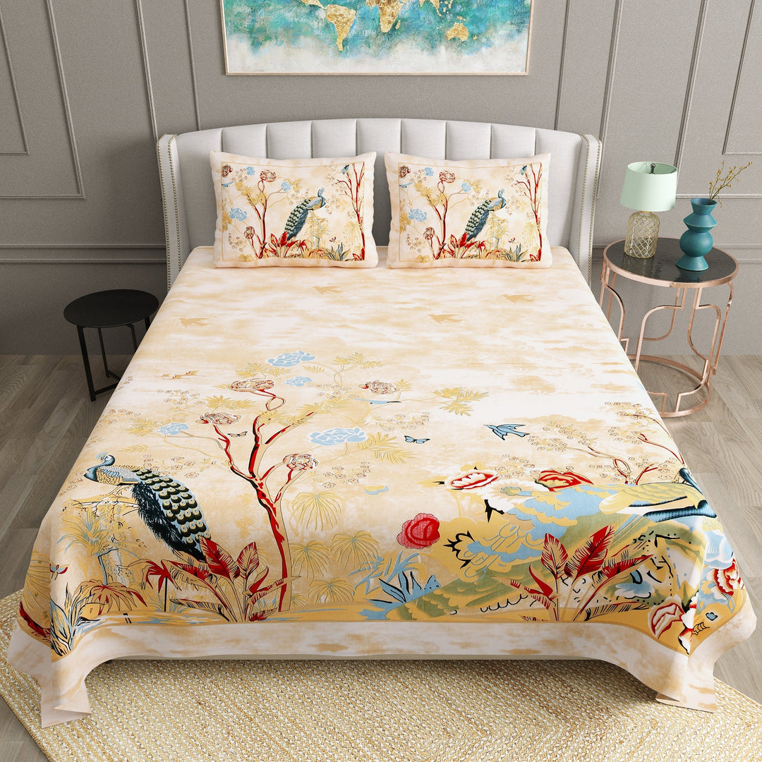 Bella Casa Fashion & Retail Ltd  BEDSHEET 90 X 108 Inch / Multi / Cotton Bella Casa Double King Size Bedsheet Set Cotton with 2 Pillow Covers Birds Design Multi Colour - Ethnic Collection