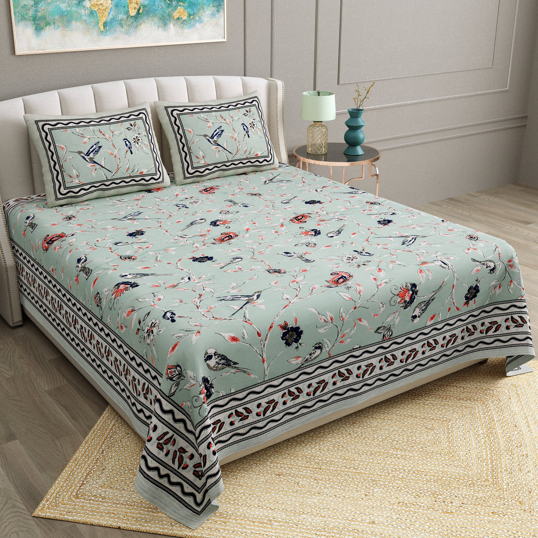 Bella Casa Fashion & Retail Ltd  BEDSHEET 90 X 108 Inch / Multi / Cotton Bella Casa Double King Size Bedsheet Set Cotton with 2 Pillow Covers Birds Design Multi Colour - Ethnic Collection