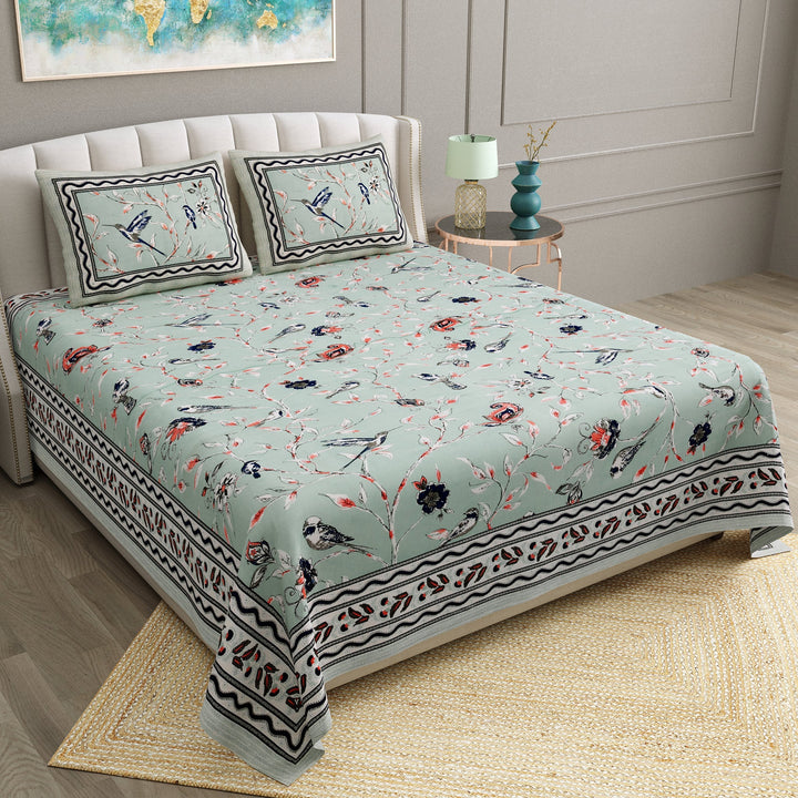 Bella Casa Fashion & Retail Ltd  BEDSHEET 90 X 108 Inch / Multi / Cotton Bella Casa Double King Size Bedsheet Set Cotton with 2 Pillow Covers Birds Design Multi Colour - Ethnic Collection